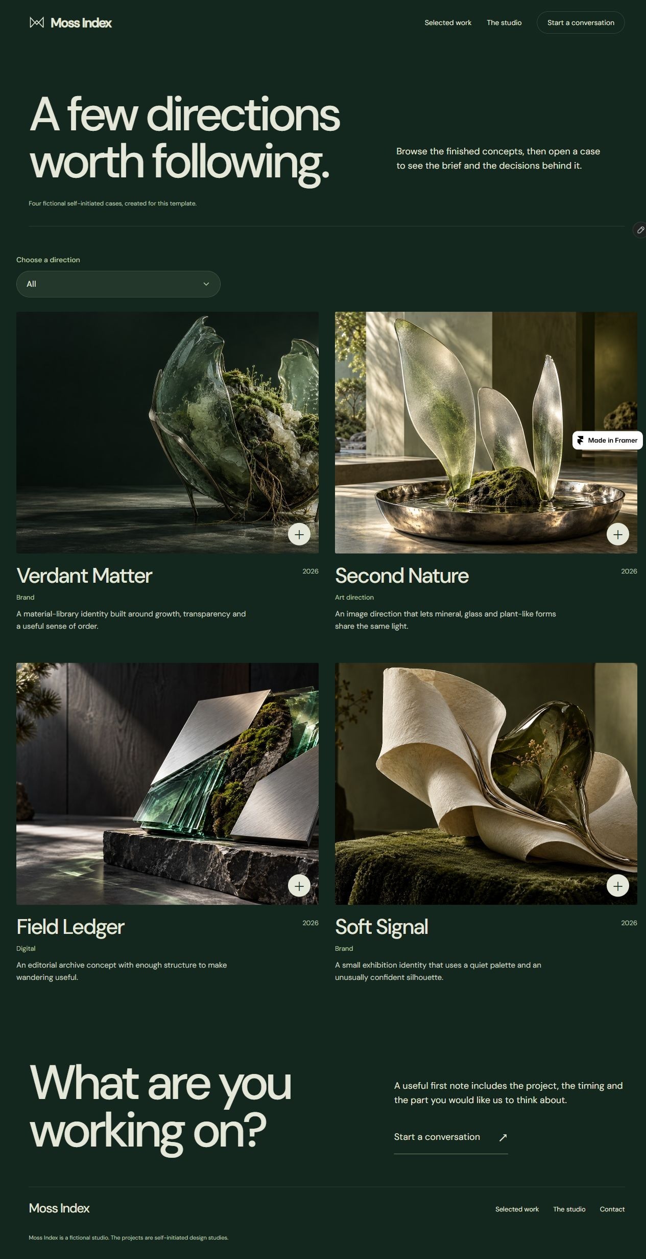 Moss Index work index with four original nature-tech project images and category filtering.