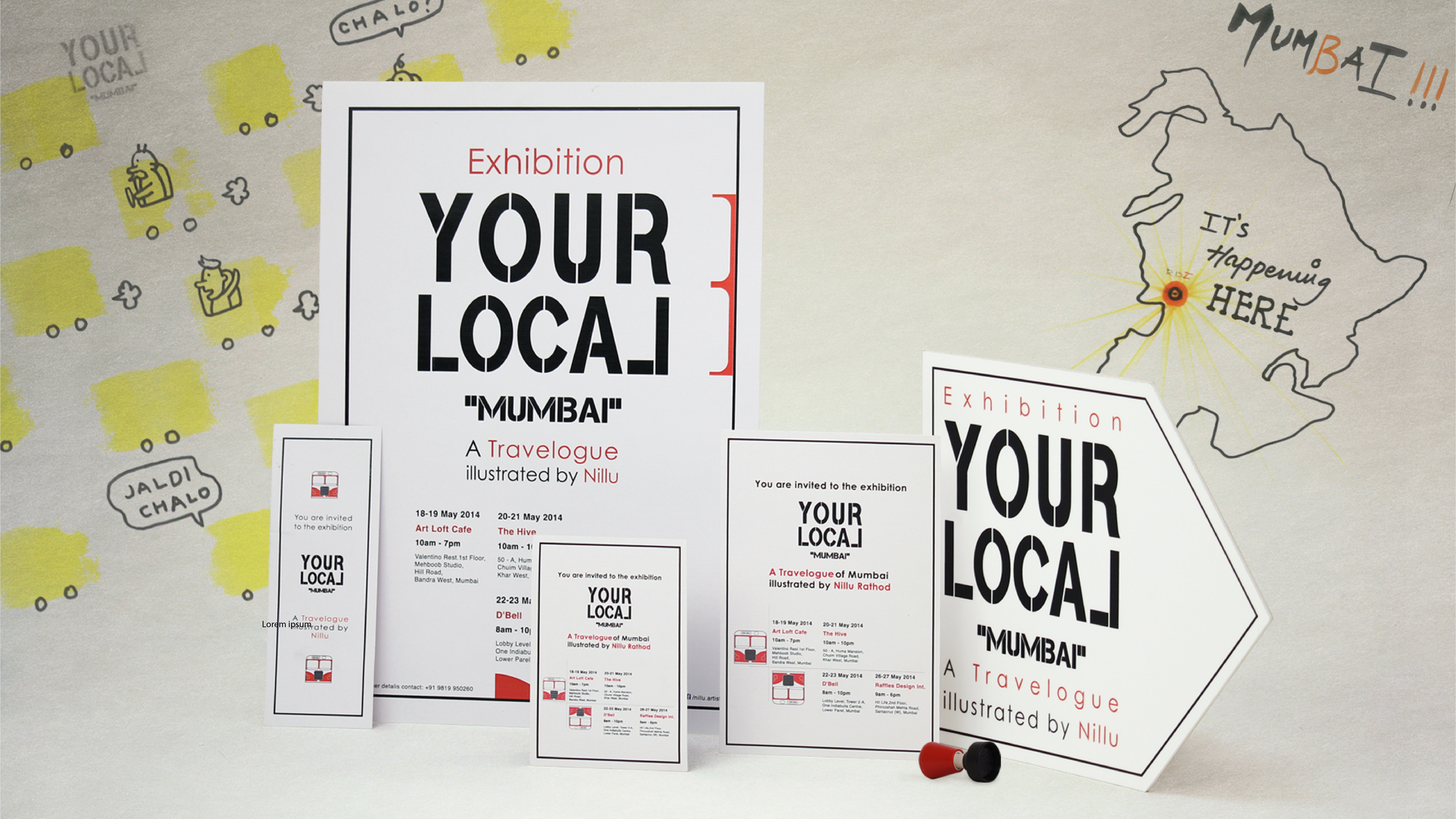 Samples of flyers, posters and directions to an exhibition in Mumbai.
