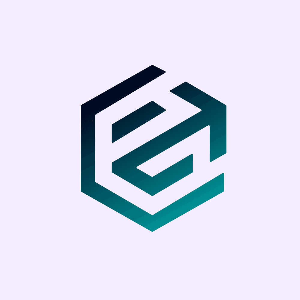 Hexagonal logo in gradient shades of blue and teal against a light gray background.