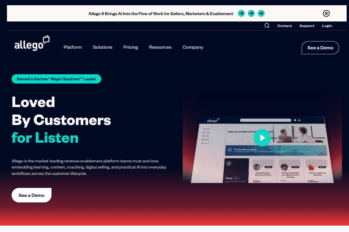 Allego homepage, sales enablement and video coaching platform