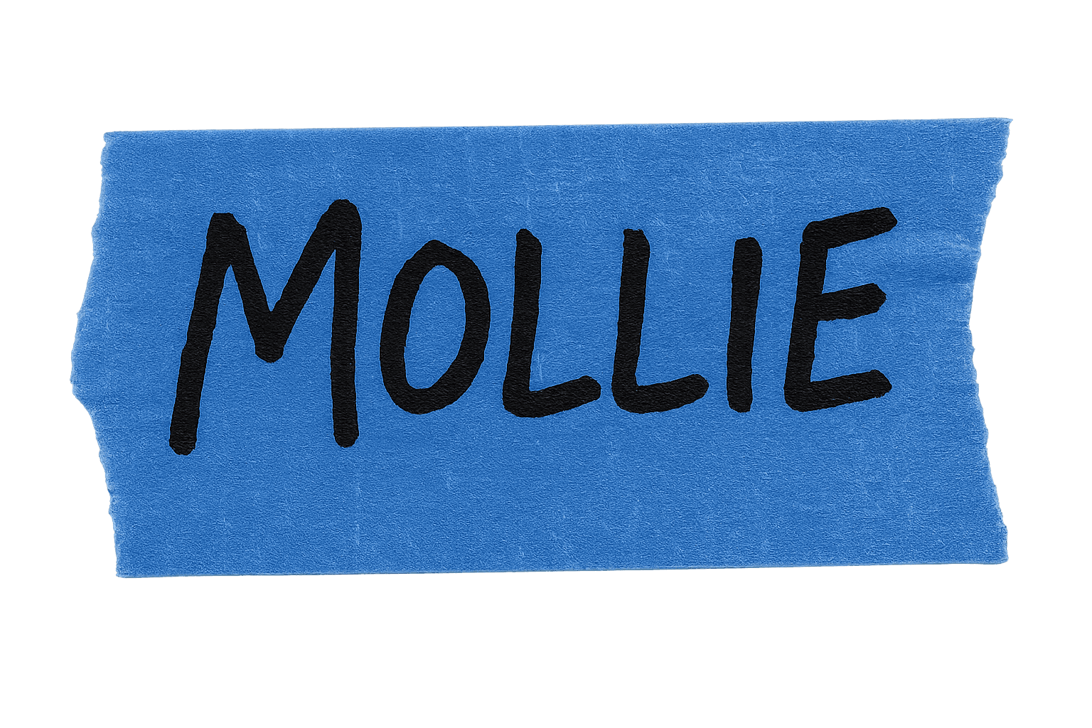 A blue rectangular tape with the name "MOLLIE" written in bold, black handwriting.