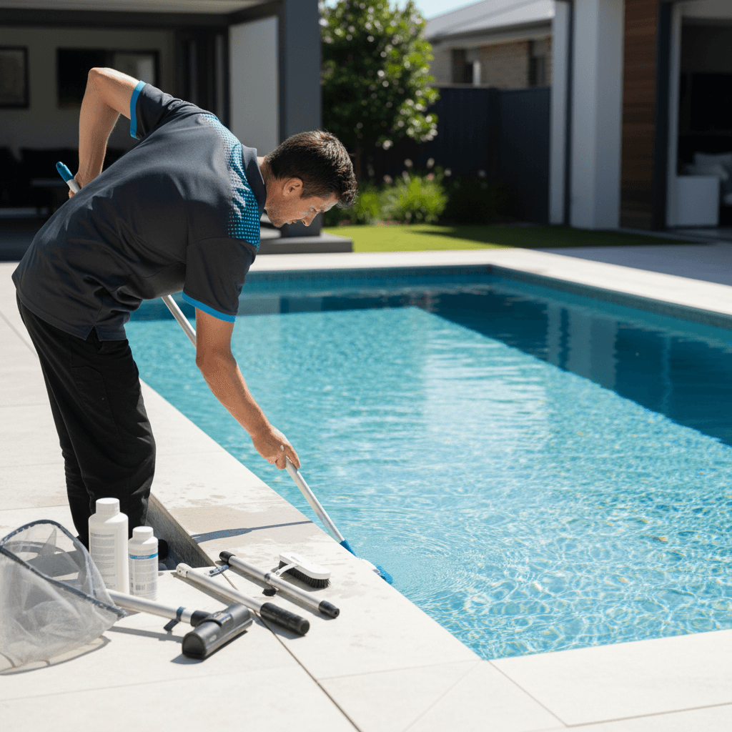 Pool technician cleaning a pool with tools and equipment laid out beside the water.
