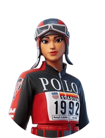 Fortnite character in red Polo racing outfit 