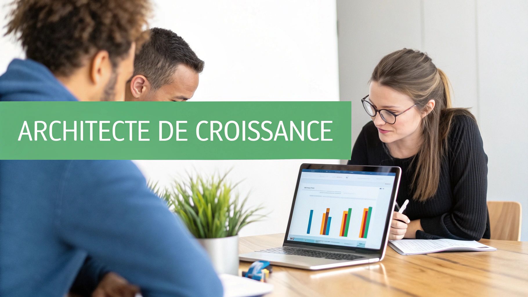 Trois collègues en réunion, une femme analysant des données de croissance sur un ordinateur portable, avec le texte 'ARCHITECTE DE CROISSANCE'.