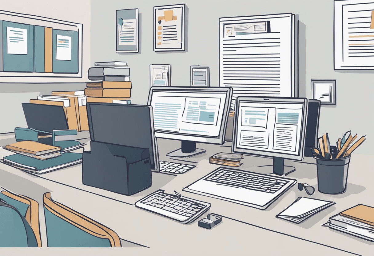 A desk with a computer, files, and a GDPR compliance guide. A HR professional reading the guide with a focused expression