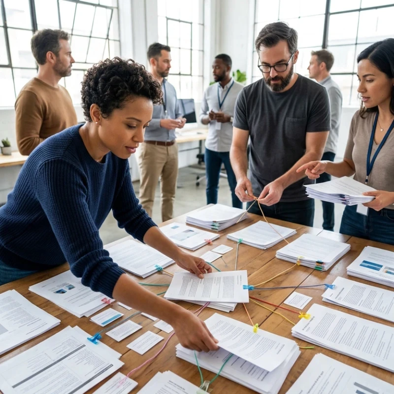 Équipe de consultants en atelier de travail organisant et reliant des documents de synthèse sur une grande table, illustrant notre expertise en Stratégie de comm 360° pour offrir une information structurée et réduire le bruit interne.