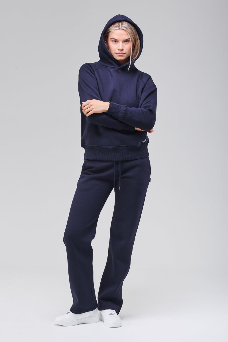 Normal fit hoodie, armes crossed, front view, hood up