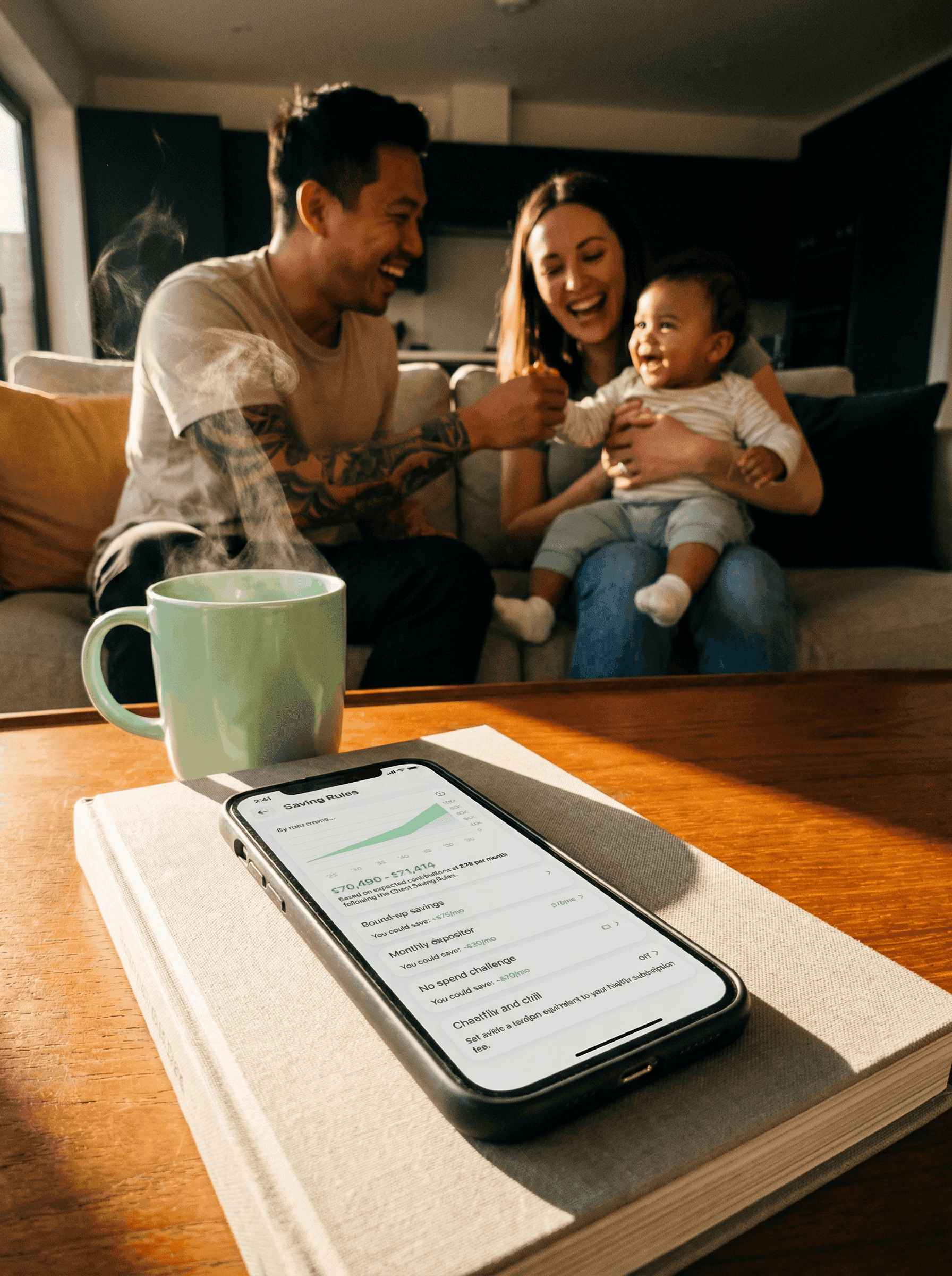A young family at home. Chest pension app on the phone on the table