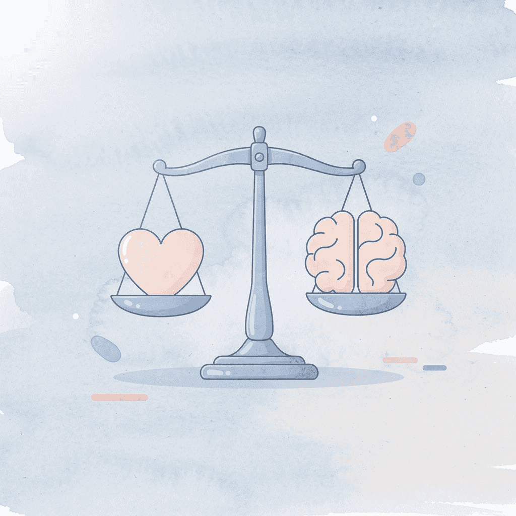 Balance scale comparing important content versus supporting material