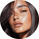 A woman with smooth, glossy dark brown hair and glowing skin gazes softly at the camera. She has freckles and a serene, confident expression.