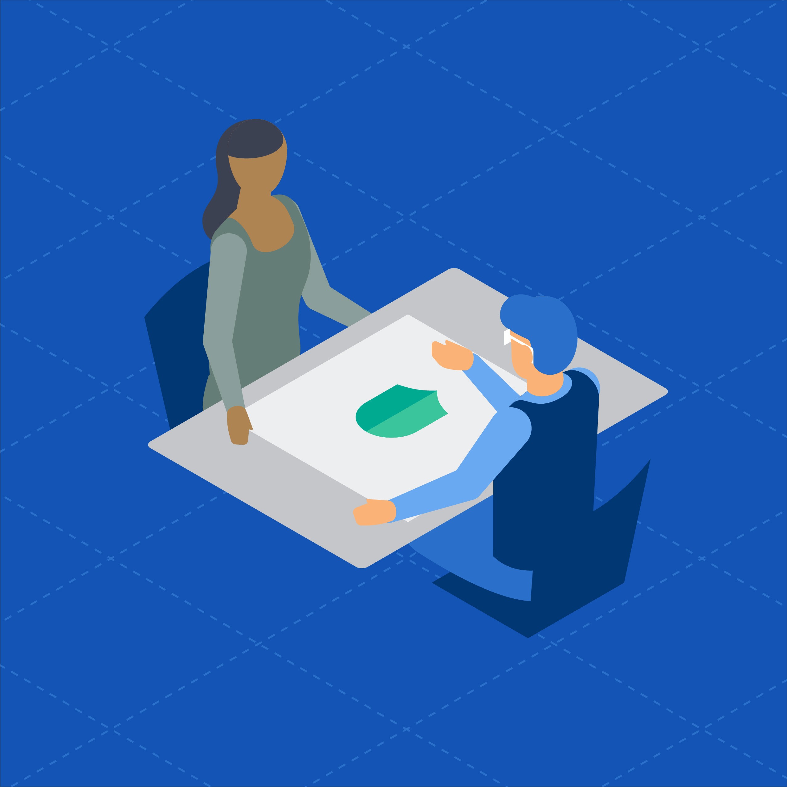 Simple isometric illustration of a man and a woman negotiating at a table.