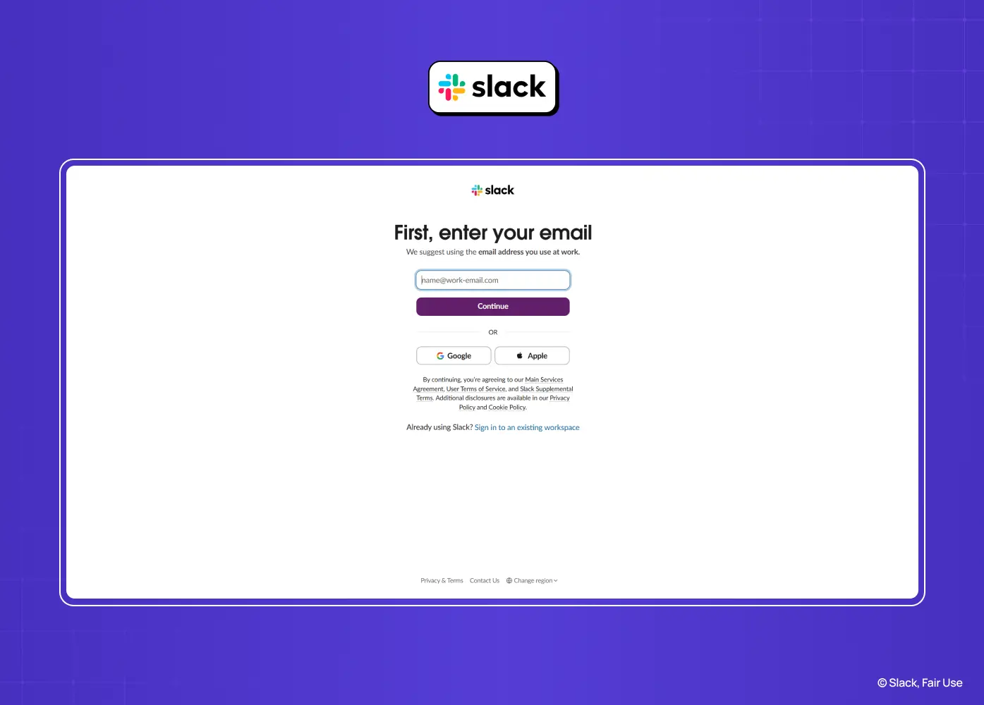Slack sign-in page prompting users to enter their work email with Google and Apple login options for a streamlined authentication flow.