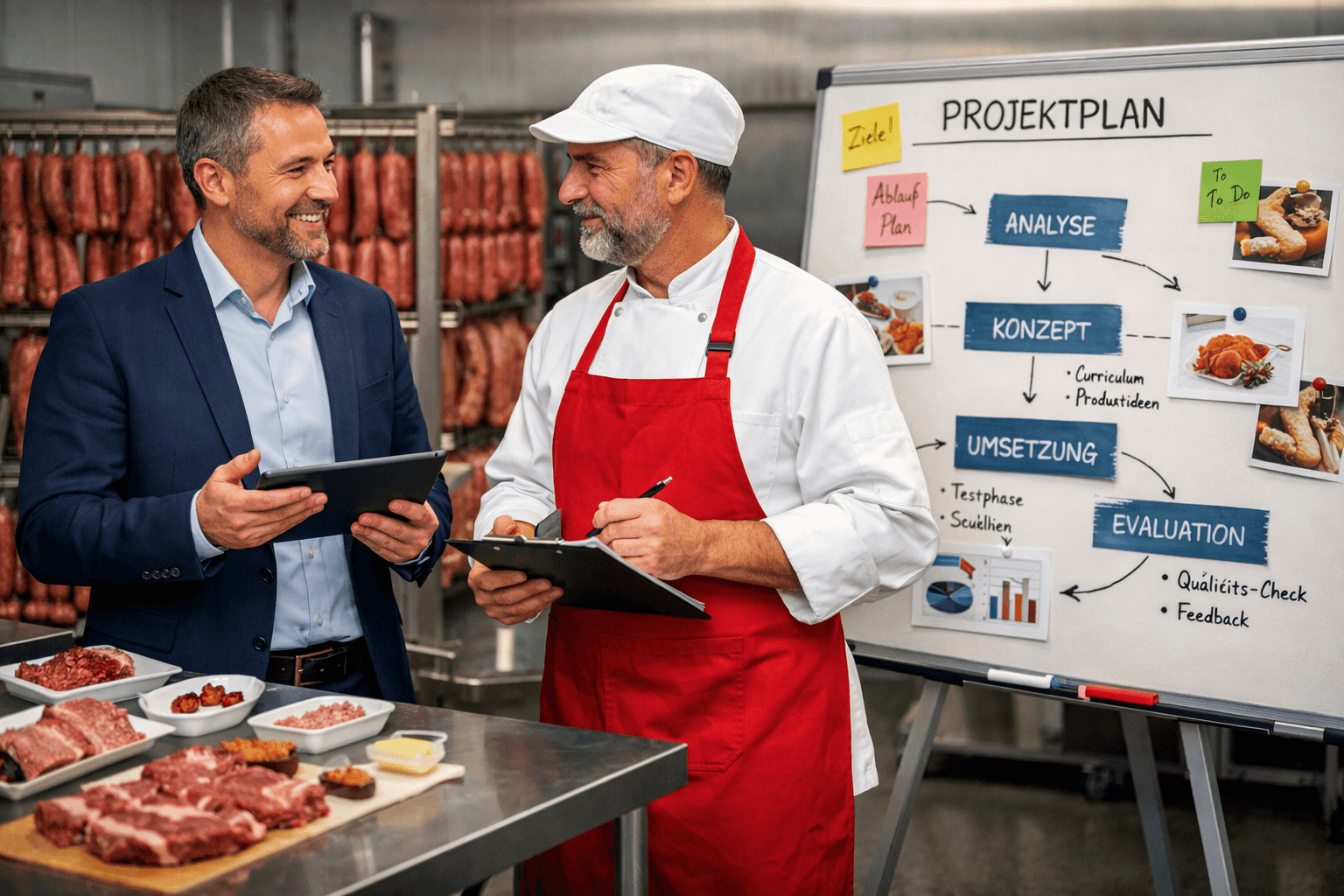 Zwei Fachleute besprechen einen Projektplan in einem Produktionsumfeld