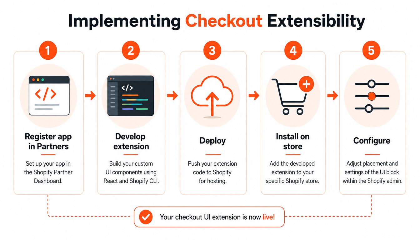 A five-step flowchart illustrating the process of implementing Shopify Checkout Extensibility for developers and merchants.