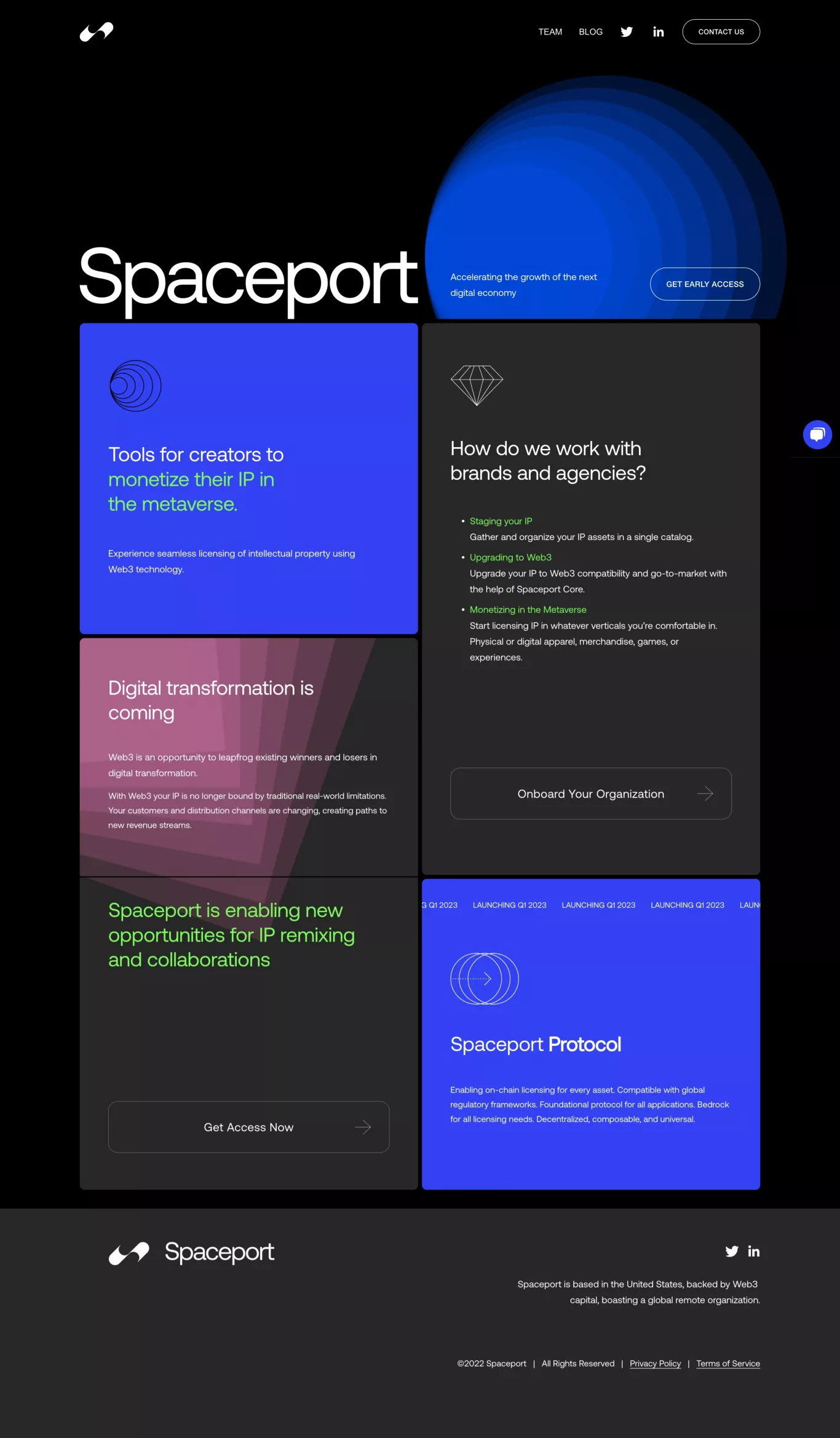 Spaceport landing page screenshot showcasing Tech and NFT / Crypto / Web3 design