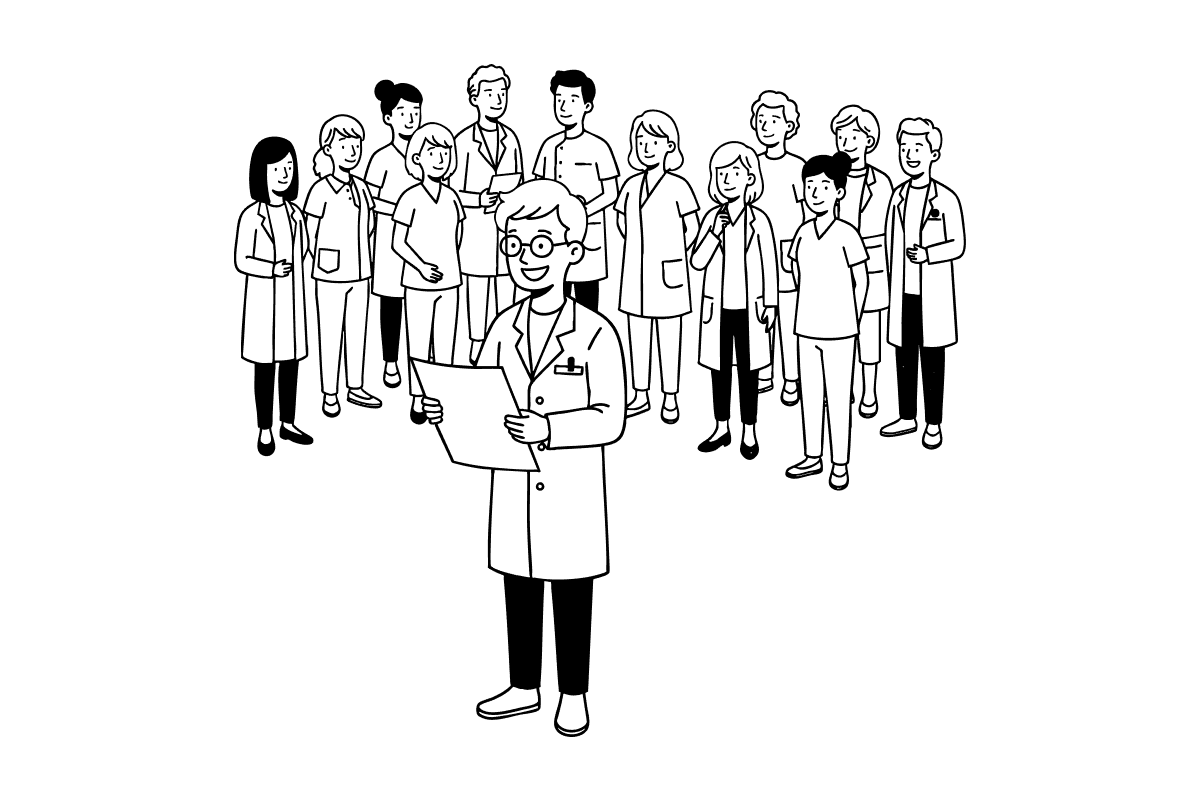 Illustration of a large group of healthcare professionals representing Synapti Health’s value based care training for VBC-mature systems focused on population health, integrated delivery, and complex risk management.