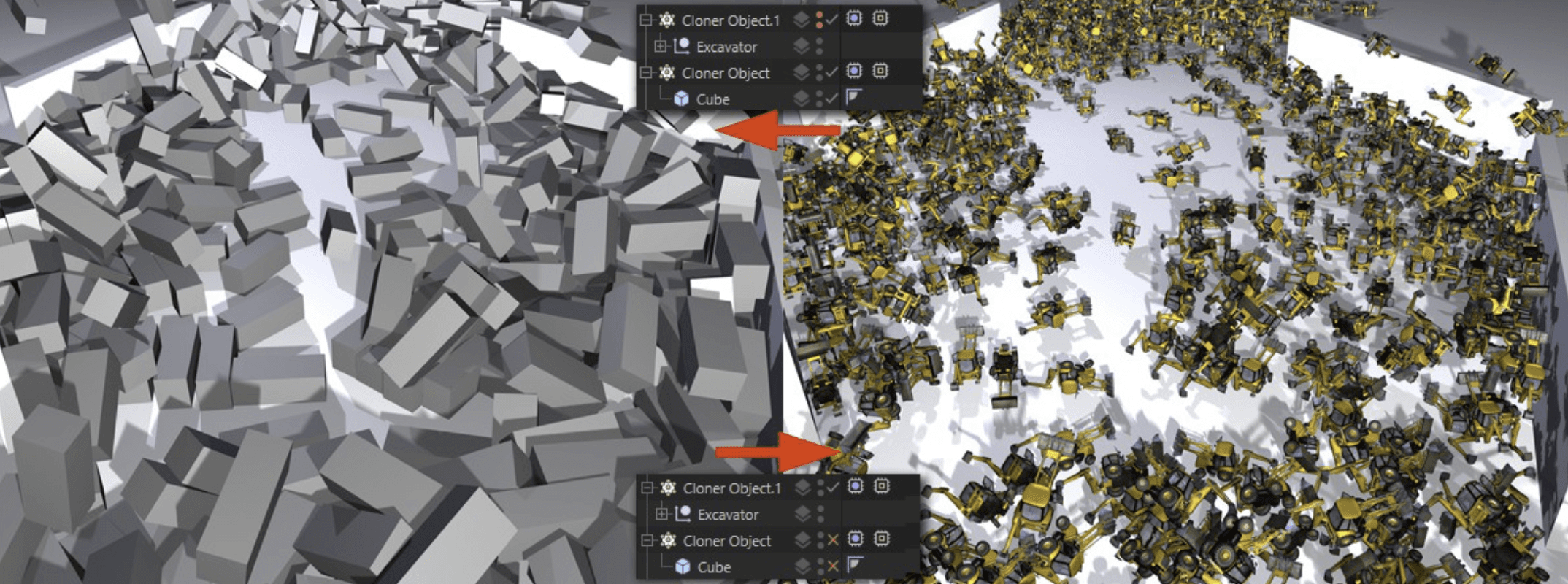 Cinema 4D MoGraph cache example comparing simple cube clones with detailed excavator models and their object hierarchies.