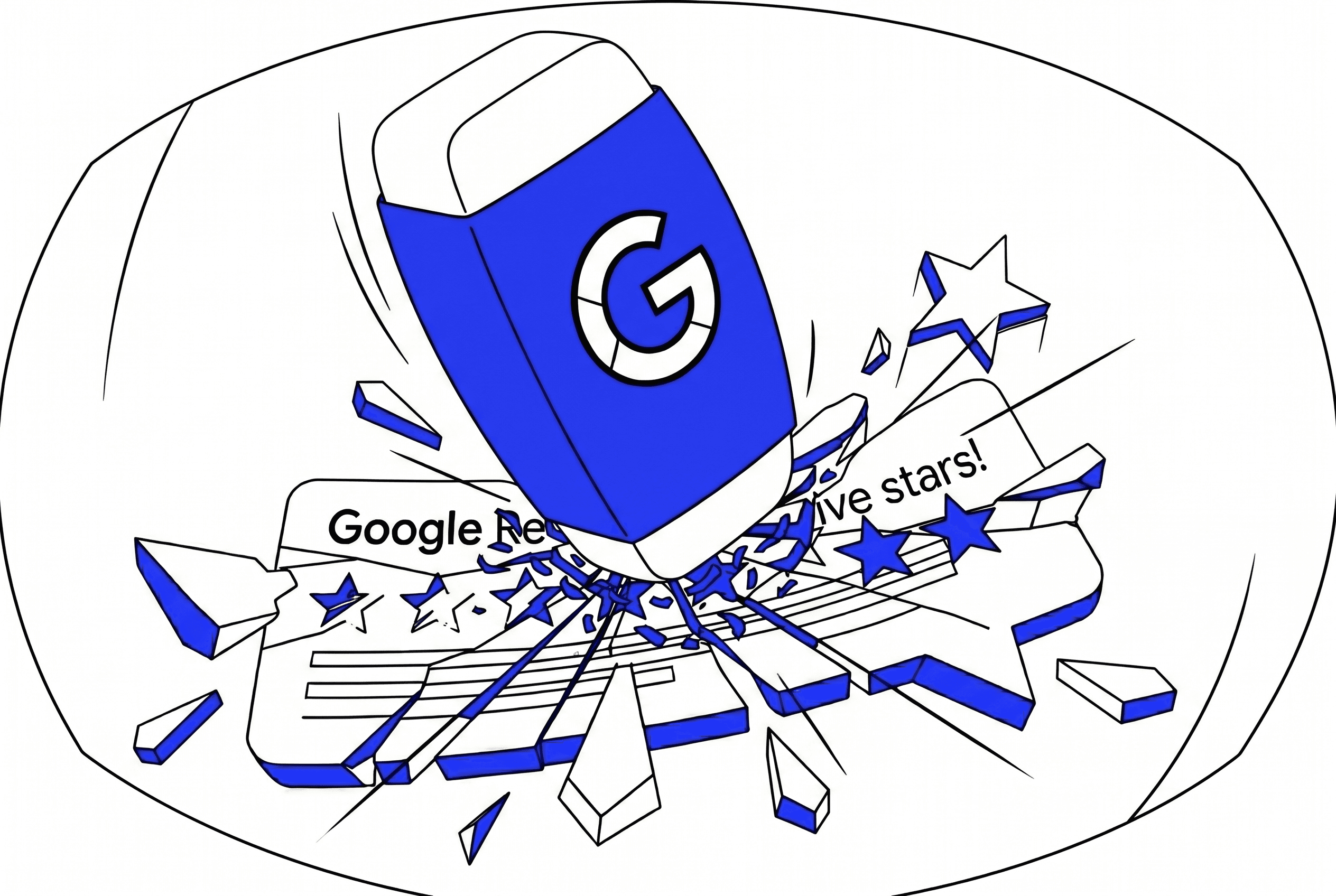 A minimalist illustration of a Google-branded hammer shattering a five-star review for a restaurant in Saudi Arabia, symbolizing how Google's automated systems can suddenly remove customer feedback from a local KSA business profile.