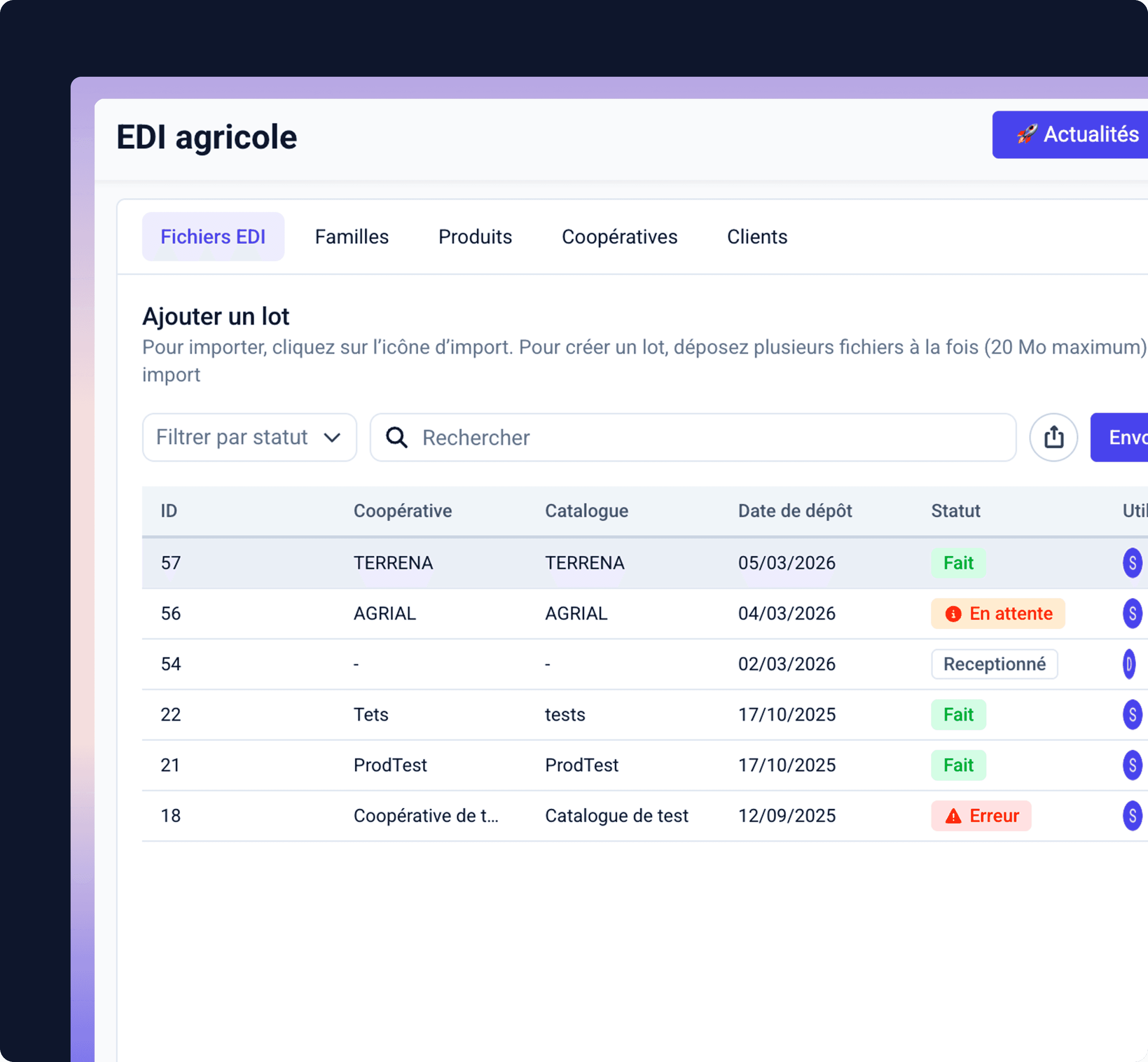 Interface du tableau de bord Inqom montrant la gestion des pièces comptables, incluant les factures d'achat, de vente et les notes de frais, avec un système de suivi clair et organisé.