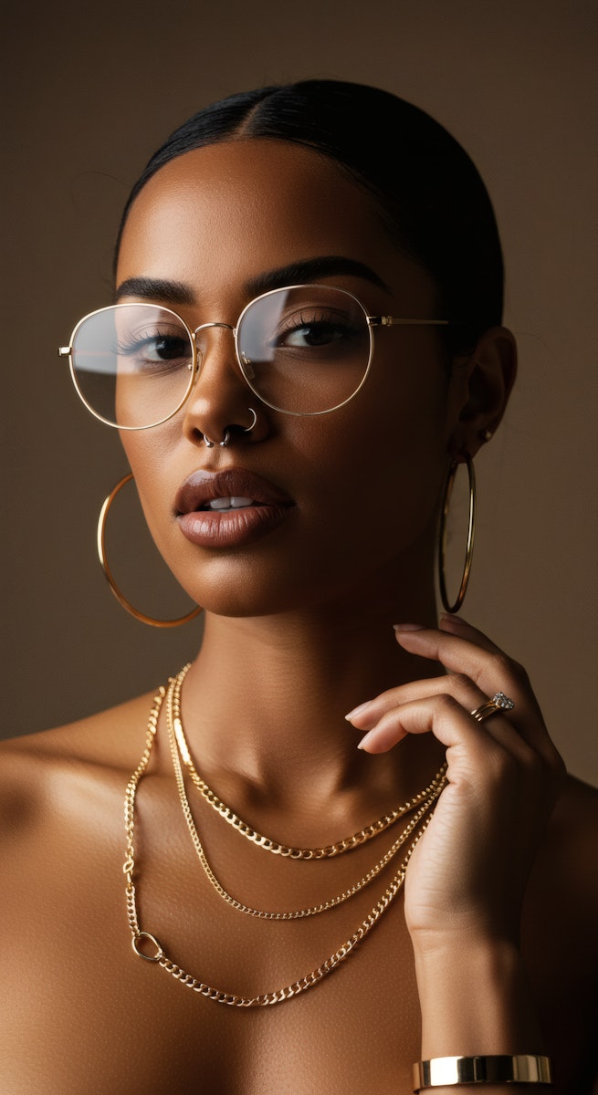 Elegant Black woman with gold accessories, glasses, and septum piercing, exuding confidence and style against a neutral background.