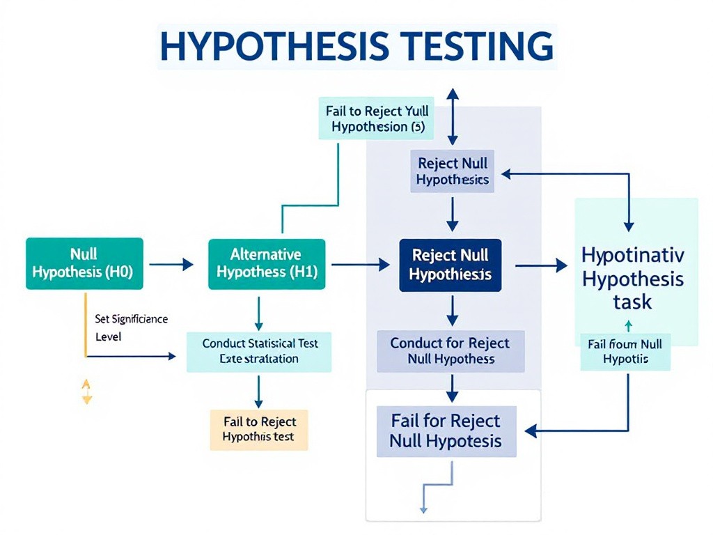 A graph showing hypothesis testing flowchart: Null vs. Alternative Hypothesis, leading to acceptance or rejection