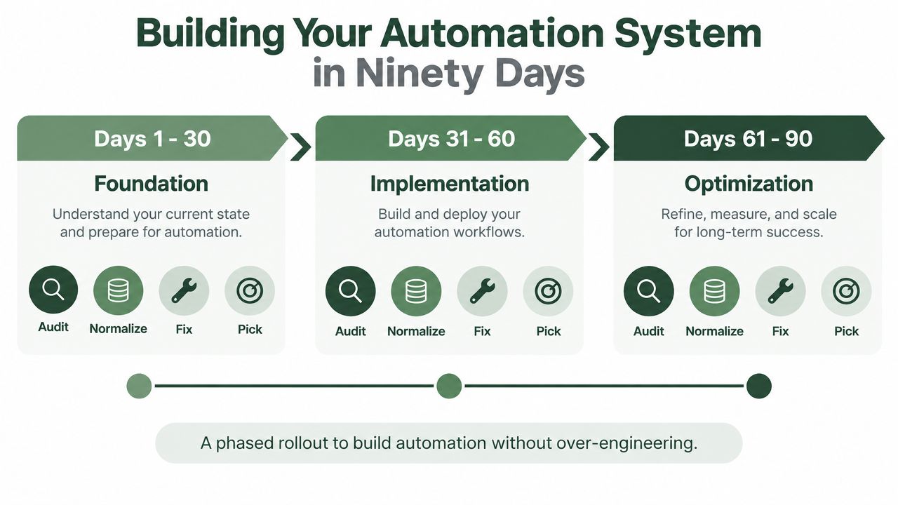 A flowchart showing a ninety day plan for building an automation system in three distinct phases.