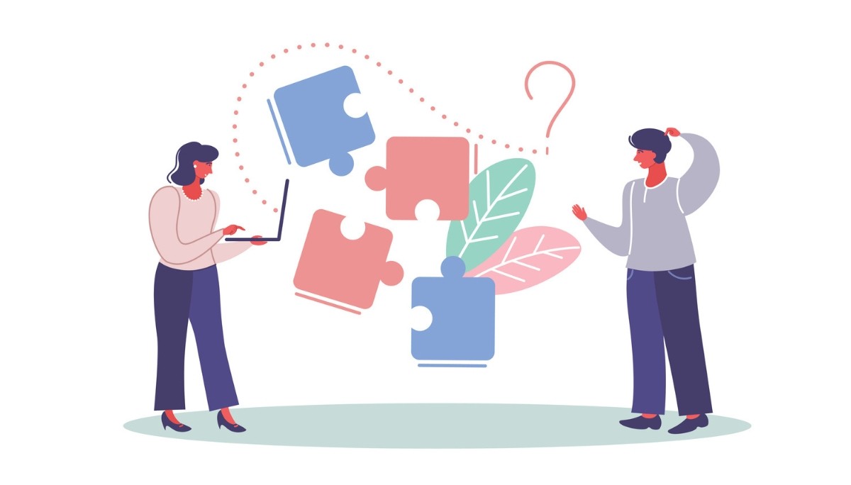 Illustration of two people discussing puzzle pieces and a large question mark—representing problem-solving, reflection, and how to answer interview questions about challenging situations.