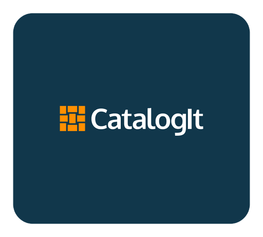 The image features the CatalogIt logo displaying the brand name in a modern sans-serif font, positioned against a dark blue background with a grid-like orange icon on the left.