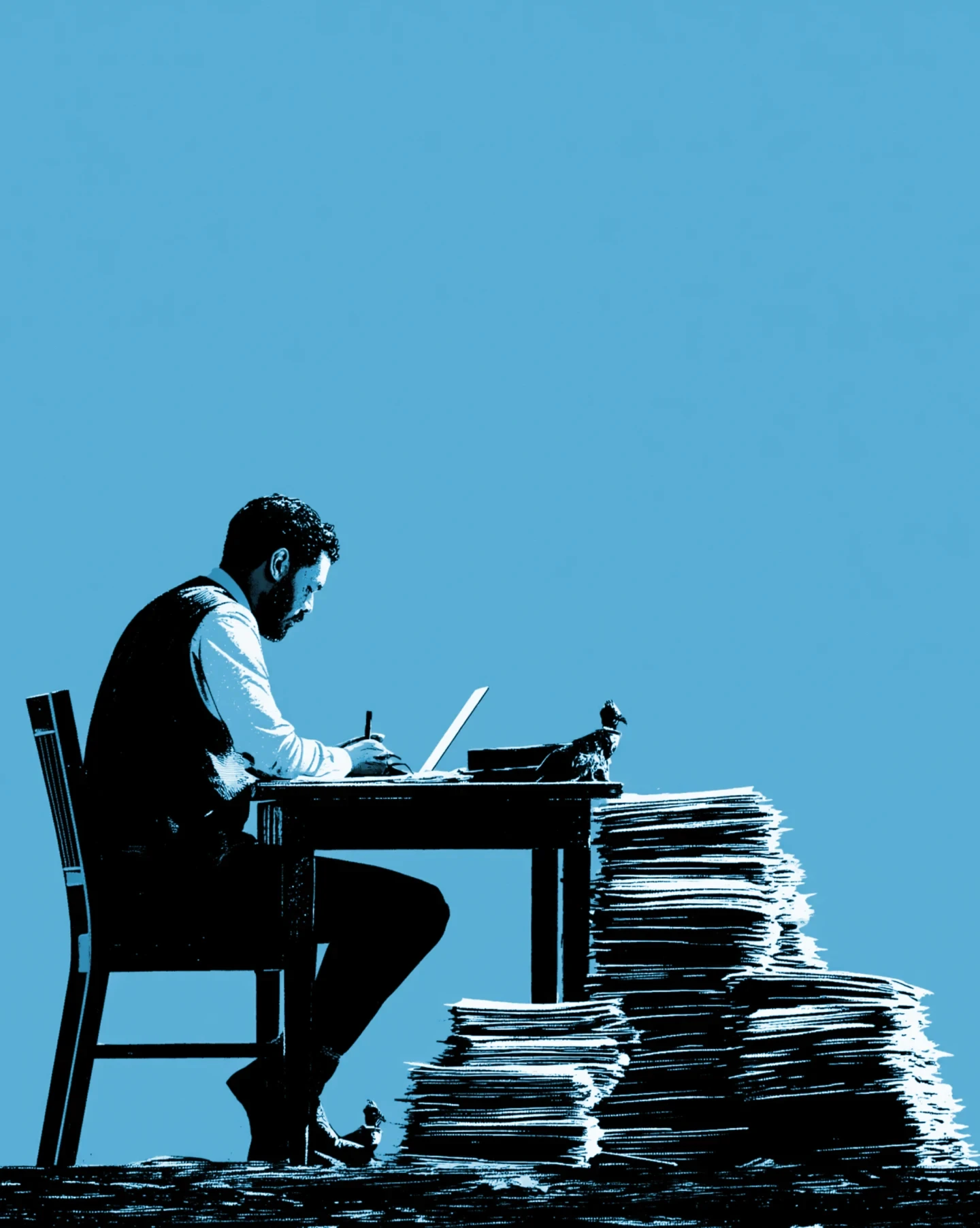 Founder sitting at desk working with pile of papers