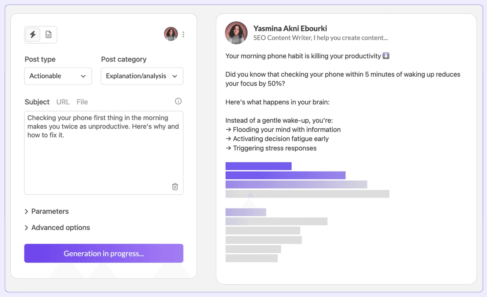 MagicPost's dashboard, displaying the post generation panel and a generated post preview