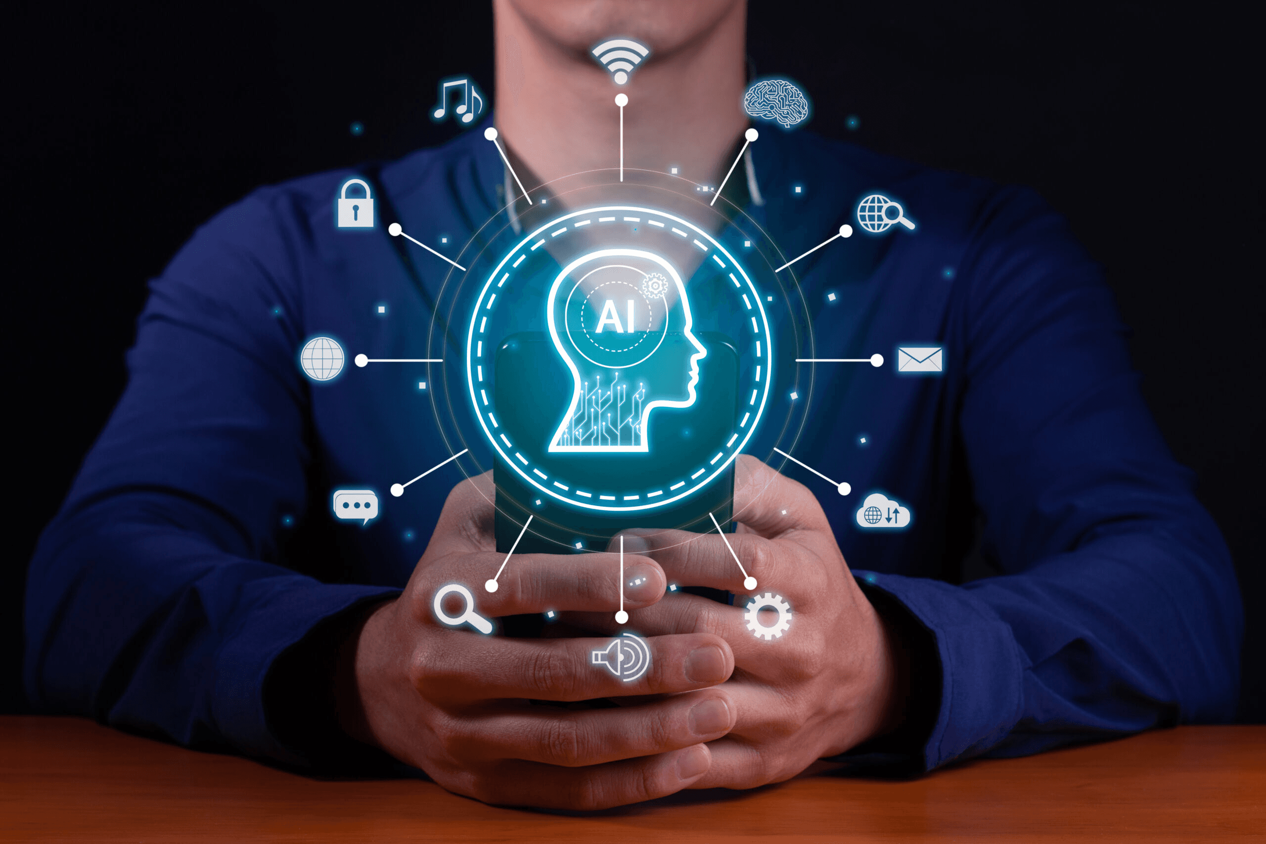 Man holding smartphone with AI graphic network - ai college application review