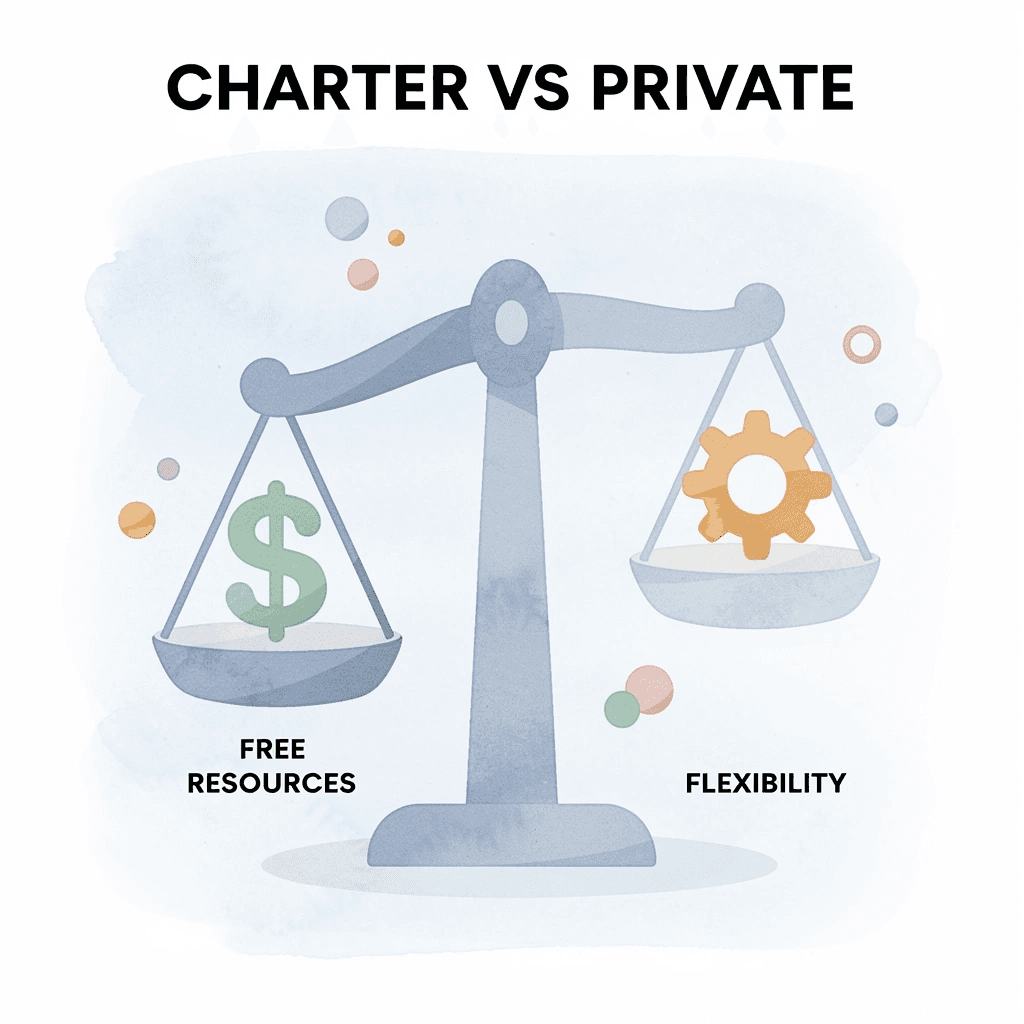 Balance scale comparing charter school benefits versus private academy benefits