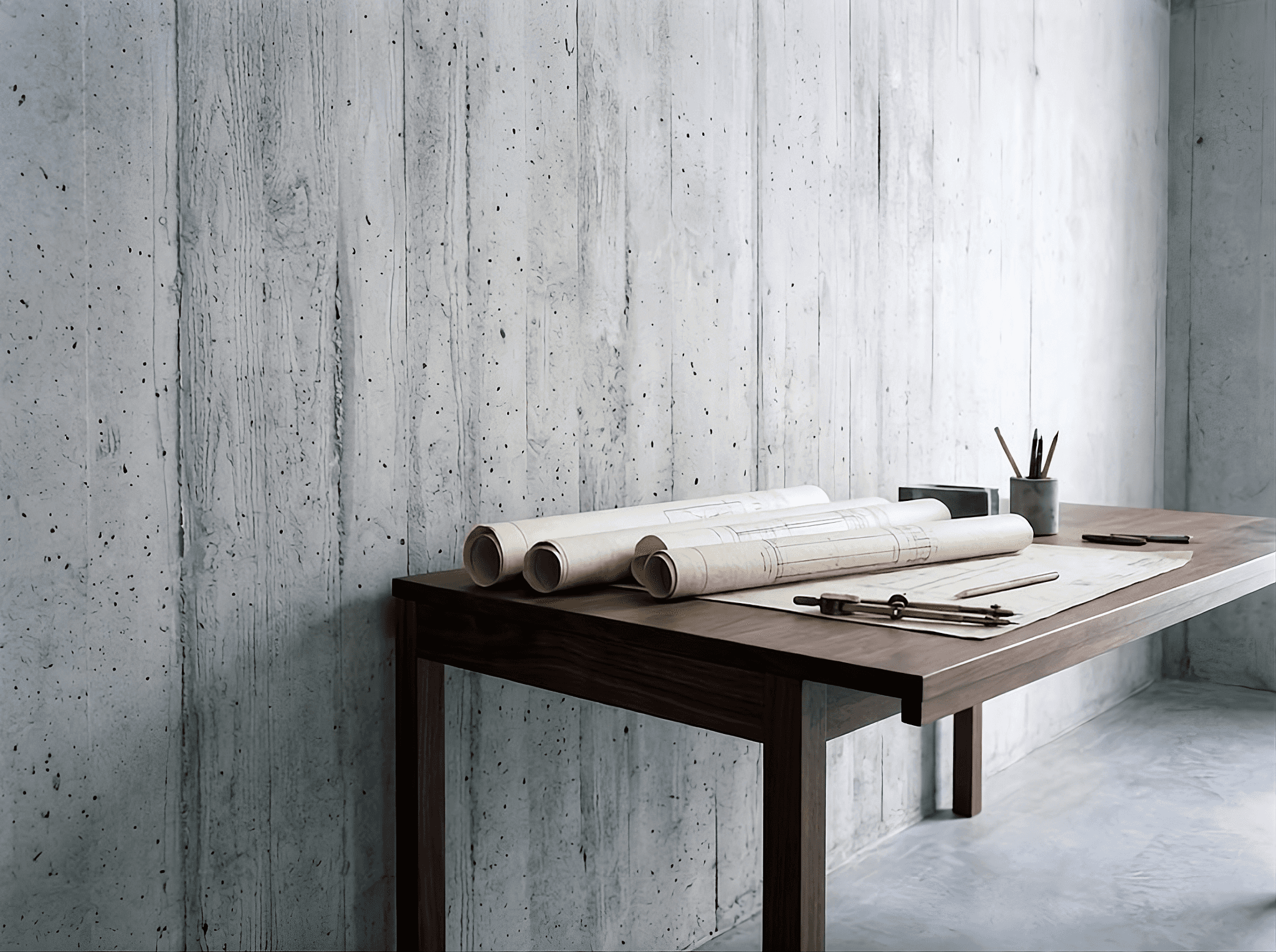Rolled blueprints and drafting tools on a wooden desk.