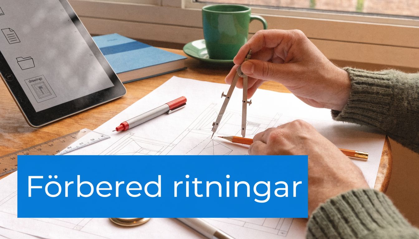 En person arbetar med tekniska ritningar på ett skrivbord med en passare, penna och en surfplatta.