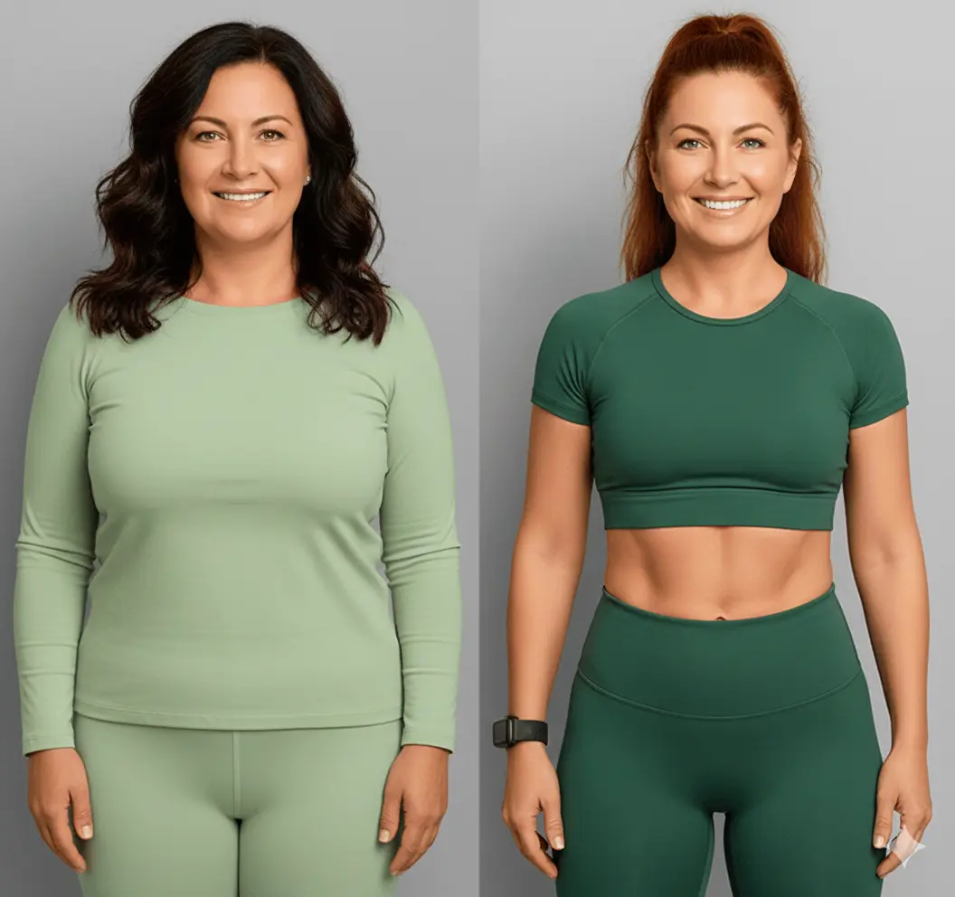 Side-by-side studio photos of the same woman before and after a fitness transformation. On the left, she wears a light green long-sleeve top and matching leggings. On the right, she wears a dark green cropped athletic top and leggings, smiling, with a leaner, more defined physique.
