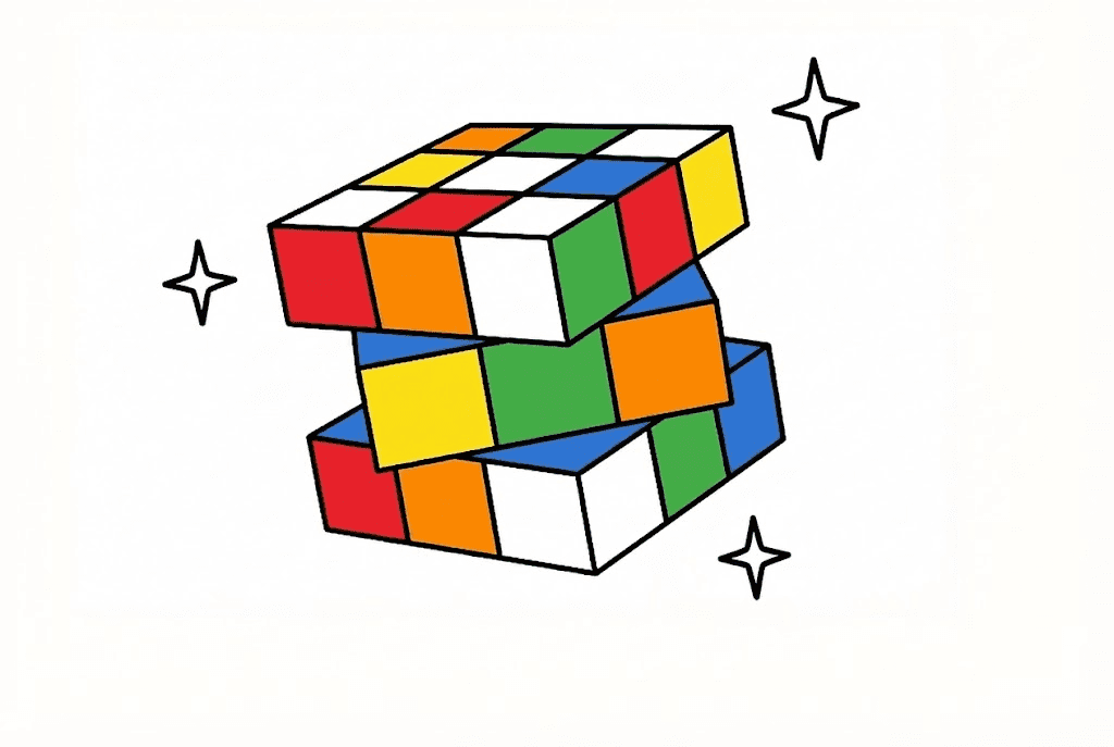 An illustration of a partially solved colorful puzzle cube with black outline, surrounded by sparkling star shapes, conveying a playful and whimsical atmosphere.