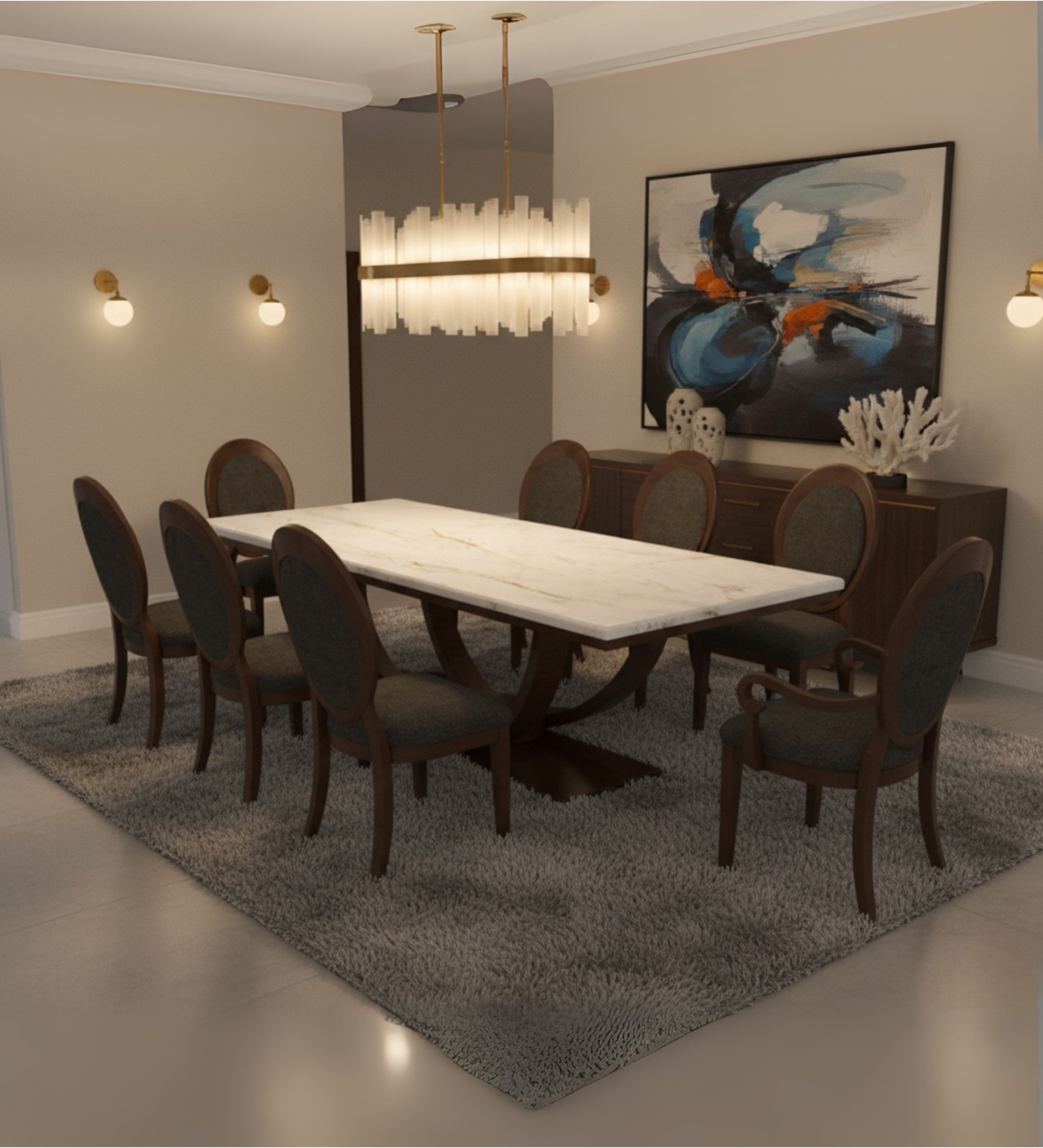 Rectangular classic dining set with stone‑finish top and upholstered chairs