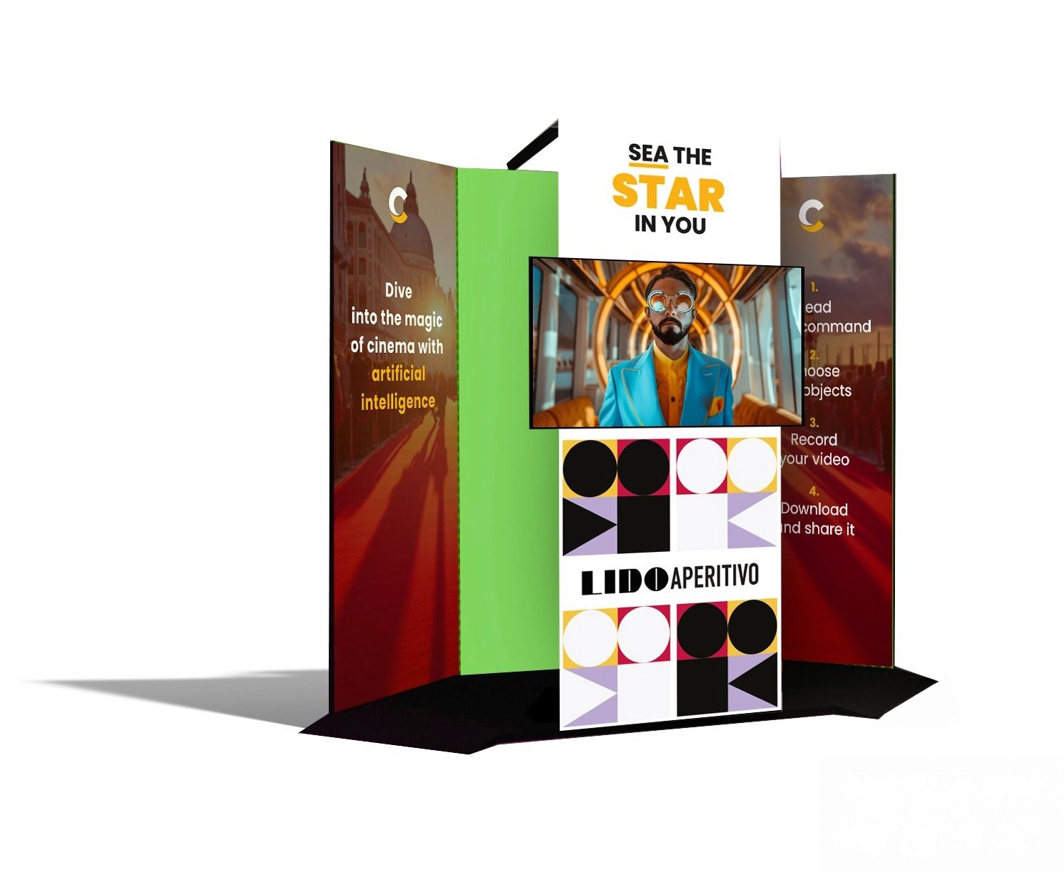 Box interattivo formato da due pannelli. un lato ha le istruzioni e il green screen, l'altro il consierge AI e la grafica del progetto