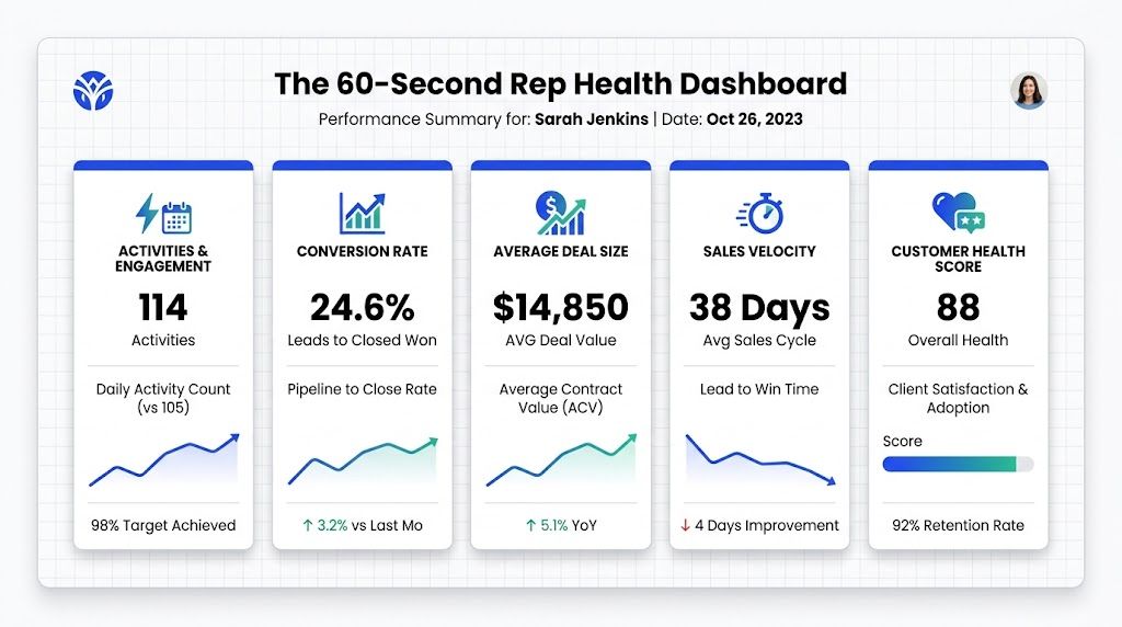 A performance dashboard for sales representative Sarah Jenkins showing key metrics including activities, conversion rate, and sales velocity.