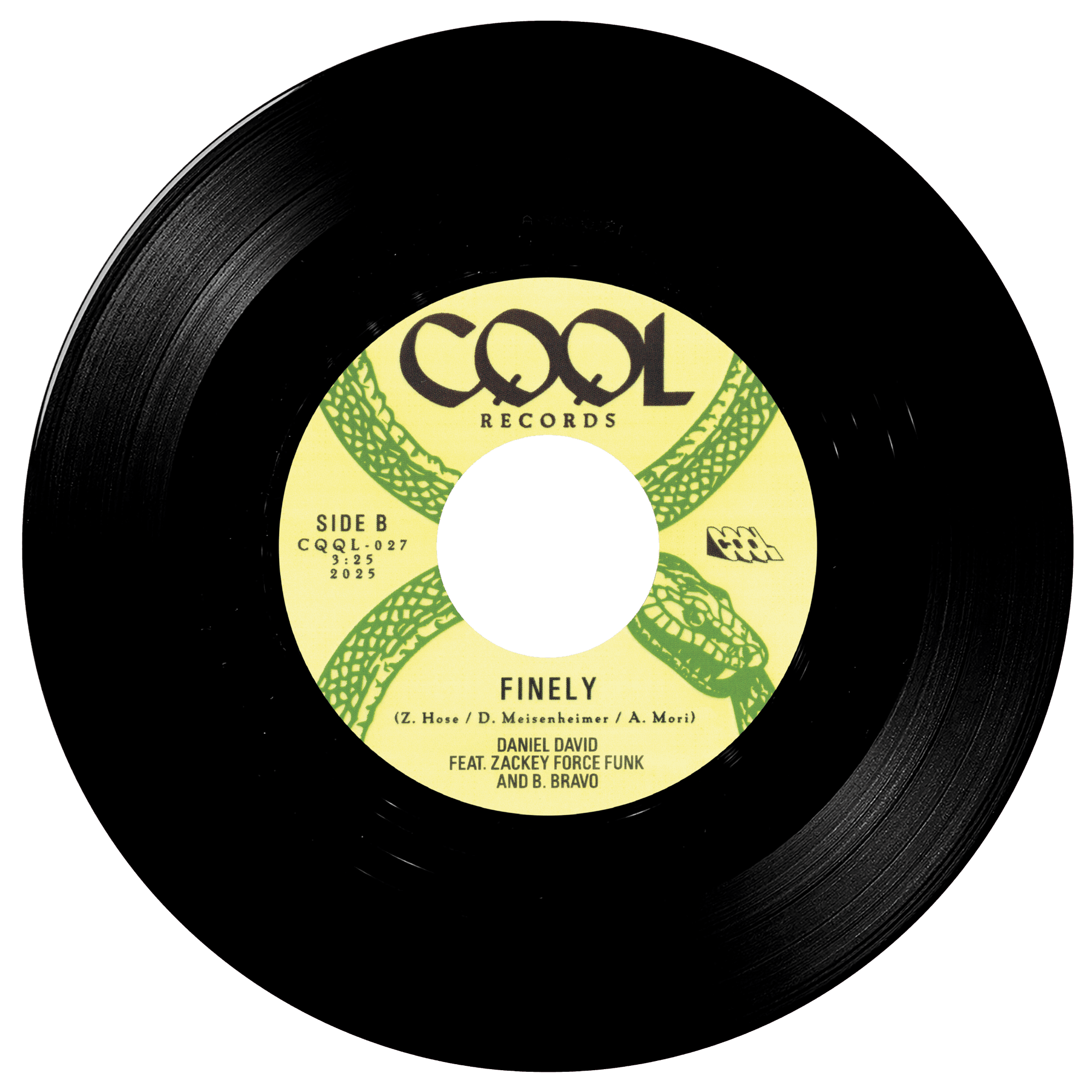 Black vinyl record with yellow label featuring 'CQQL Records' on a white background