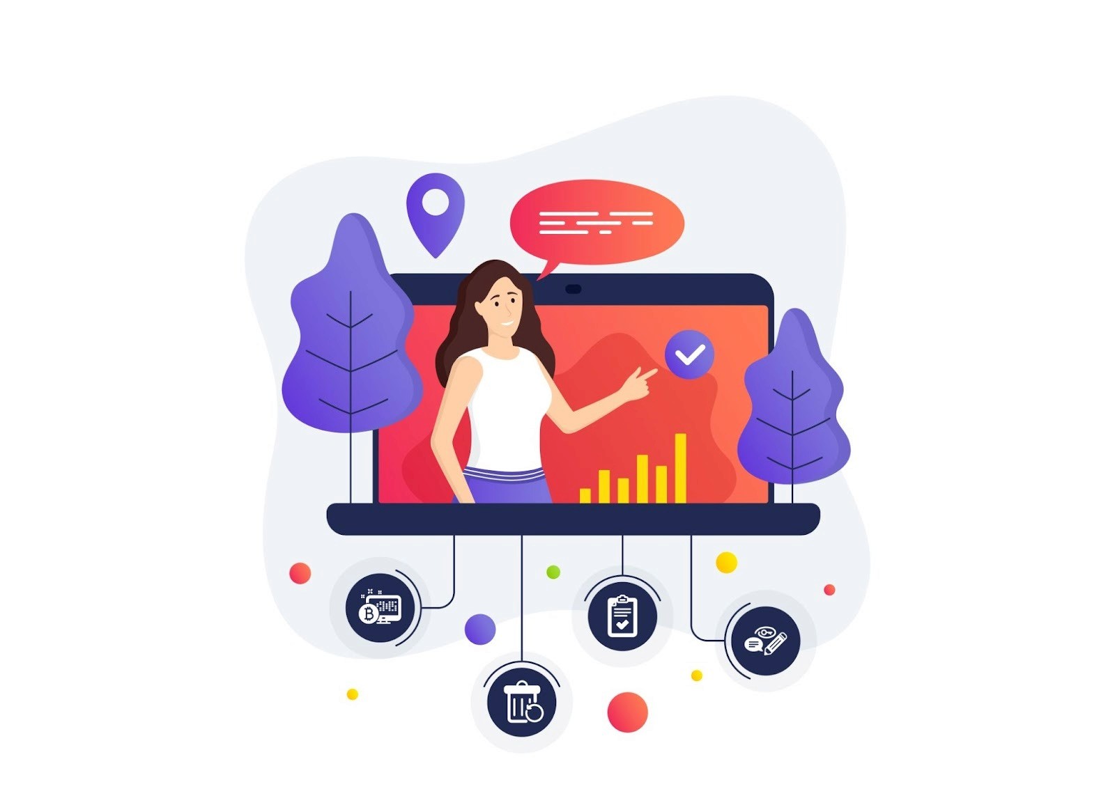 Influencer campaign management illustration showing a creator presenting performance analytics on a laptop with workflow icons for payments, approvals, and content tracking