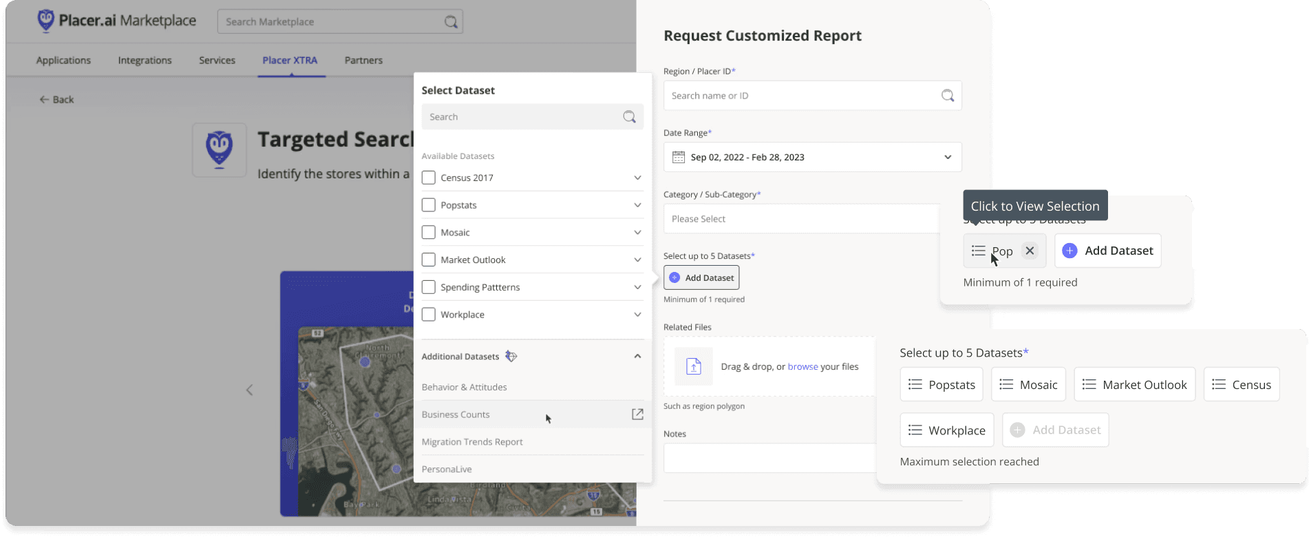 Placer XTRA dataset selection feature