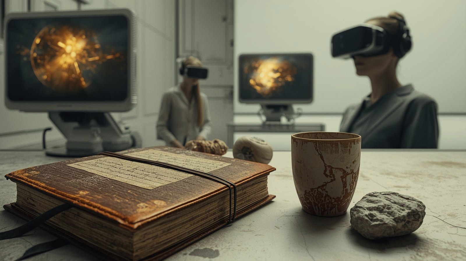 Libro antico e tazza consumata in primo piano davanti a un ambiente tecnologico con persone che utilizzano visori virtuali.
