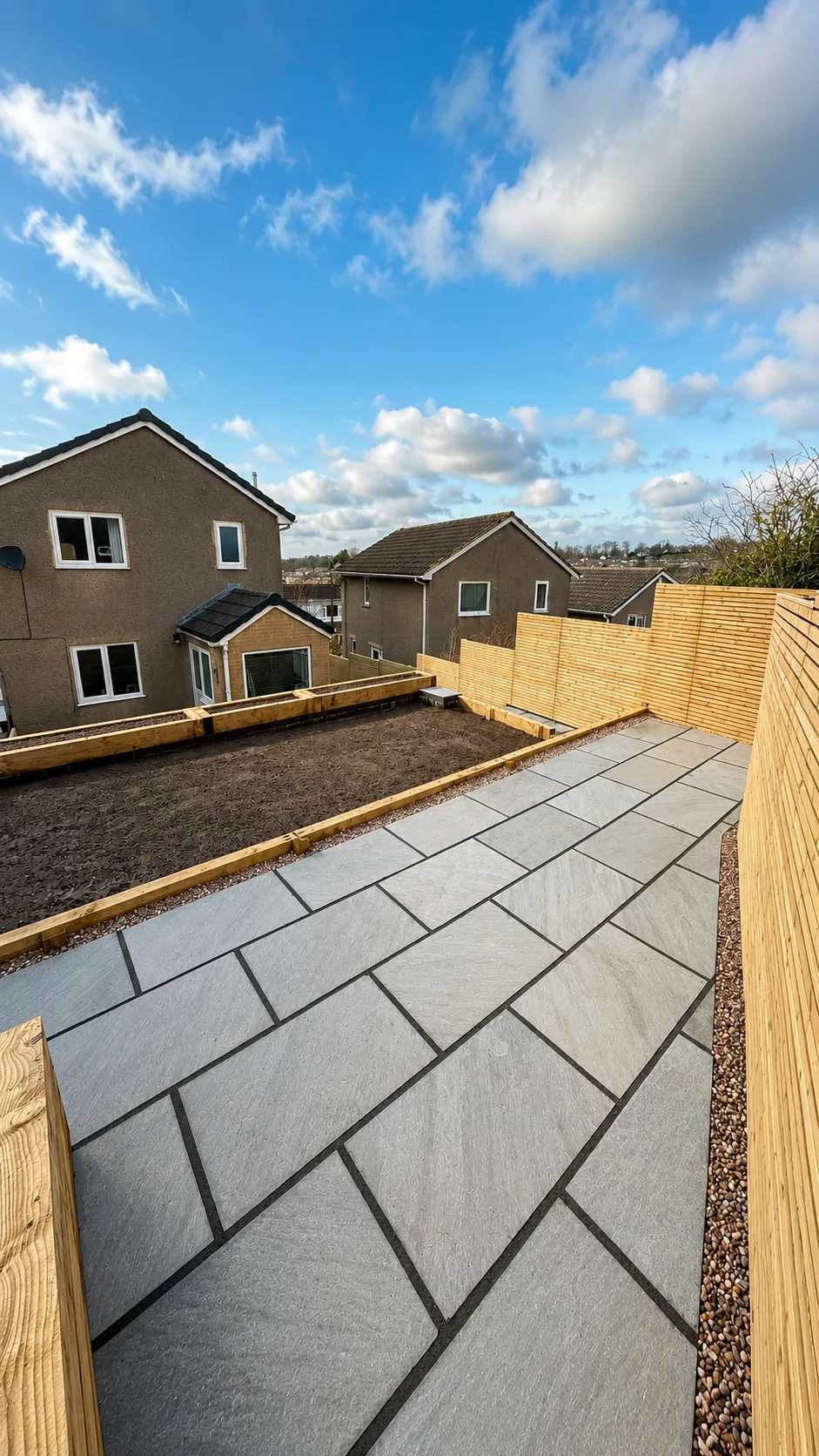 New patio and timber fencing as part of a landscaped garden in Leeds