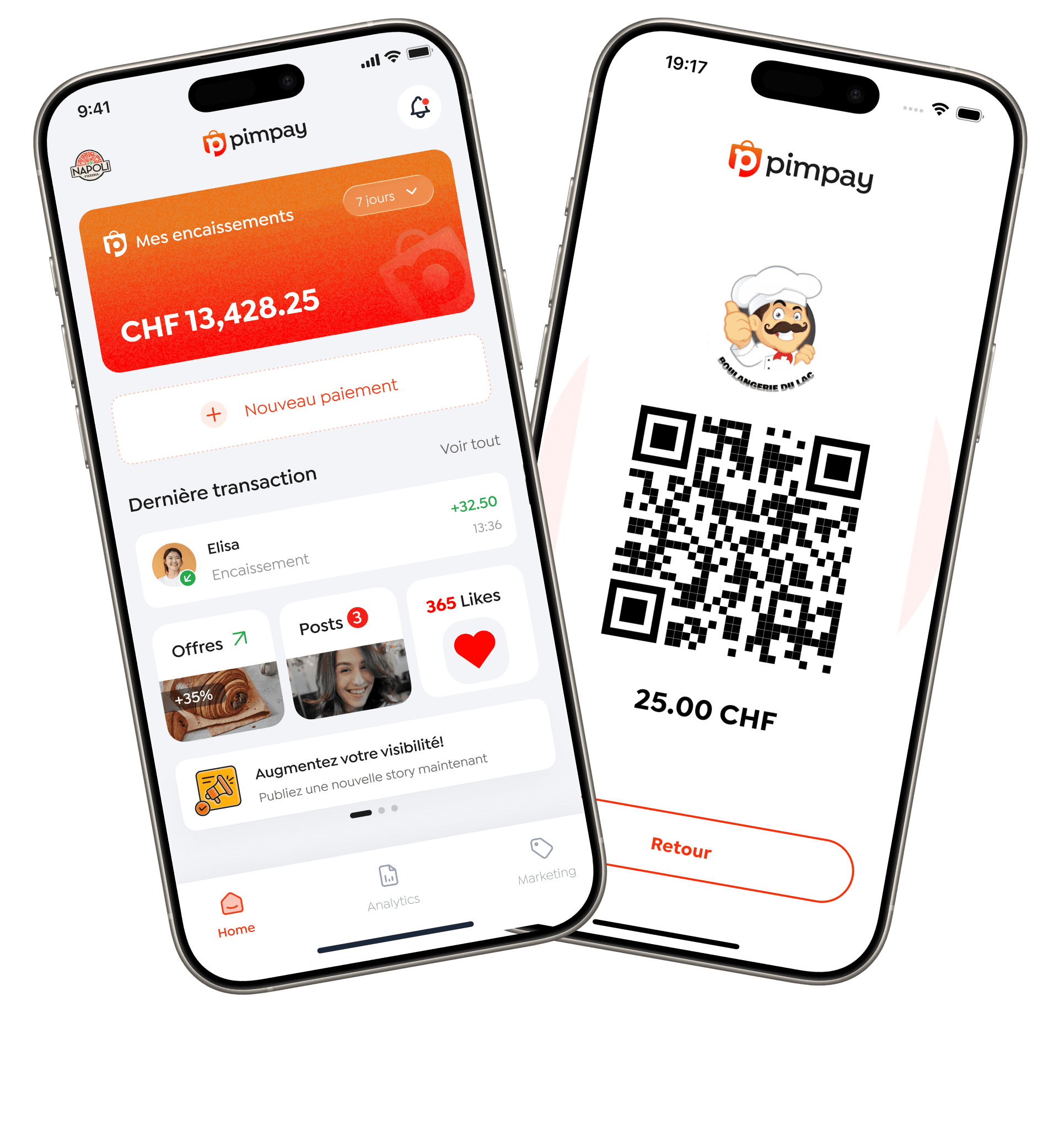 Two smartphones showing PimPay app dashboards with sales evolution charts and total earnings