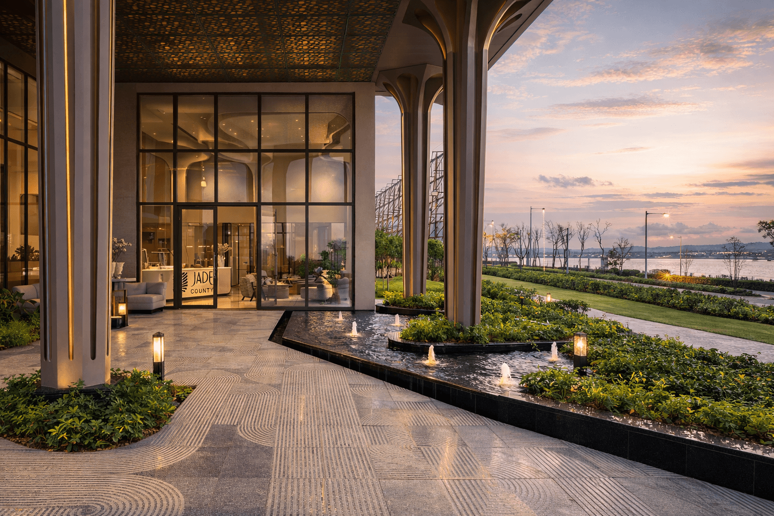 Dream Grey granite and Autumn Grey sandstone used in luxury residential landscape at Jade County Delhi