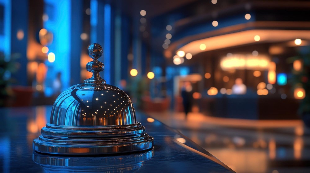 Hotel lobby with a service bell in focus, symbolising streamlined hospitality operations and guest service management.
