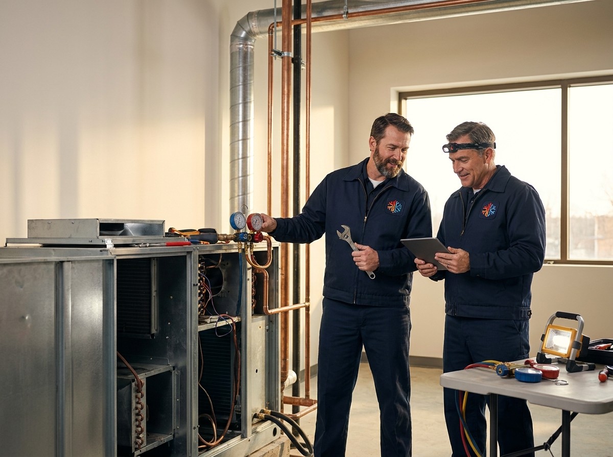 HVAC technician inspecting residential heating and cooling equipment