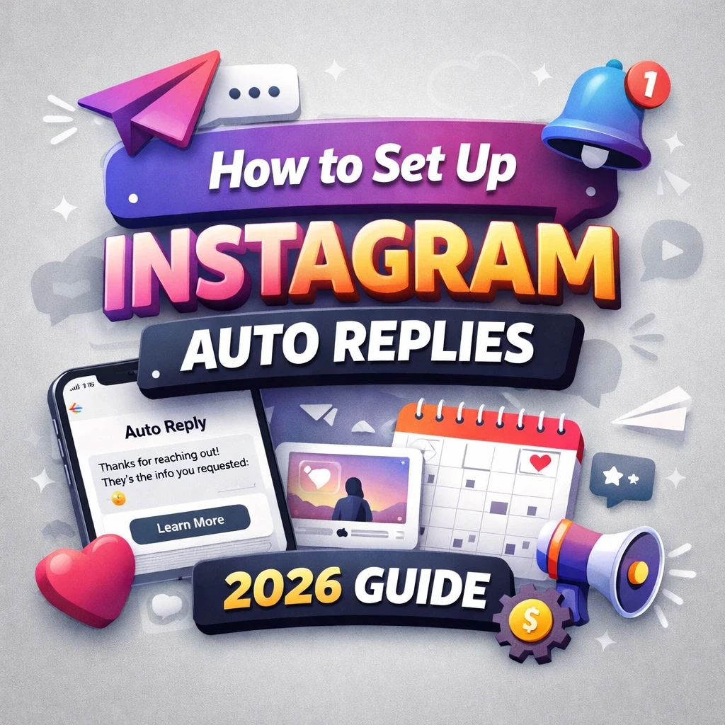 Illustration showing “How to Set Up Instagram Auto Replies – 2026 Guide” with icons of Instagram DMs, comment automation, post scheduling, notifications, and the InstantDM logo on a grey background.