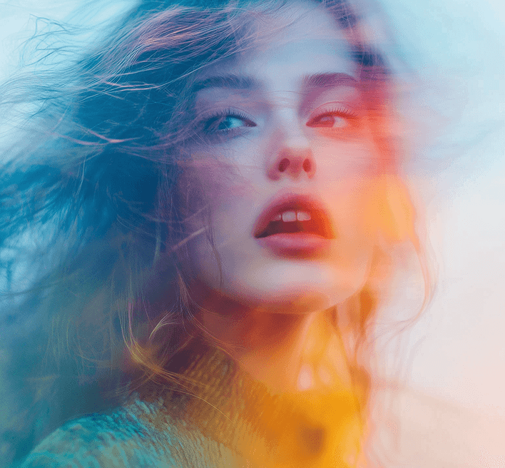 A woman with wind-swept hair gazes into the distance, embodying a sense of adventure and spontaneity.